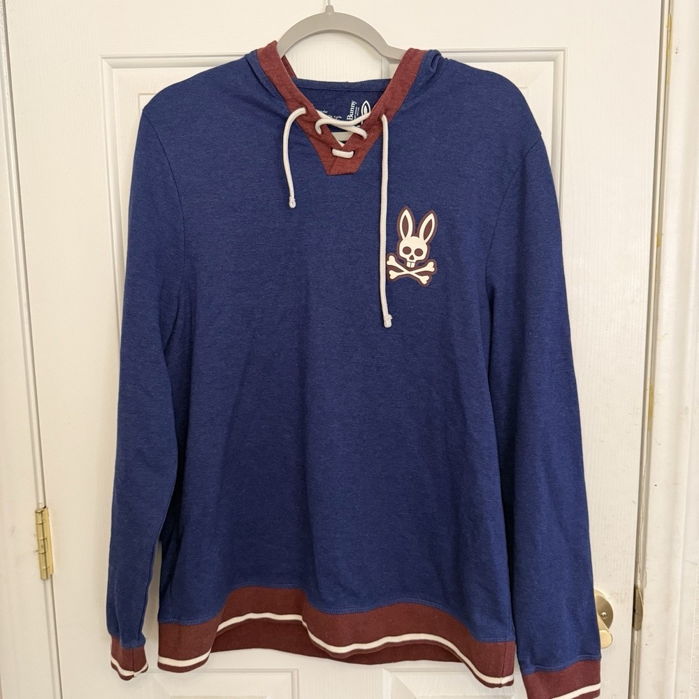 Psycho Bunny Men's Pullover Hoodie Blue Burgundy French Terry Medium Bunny Skull